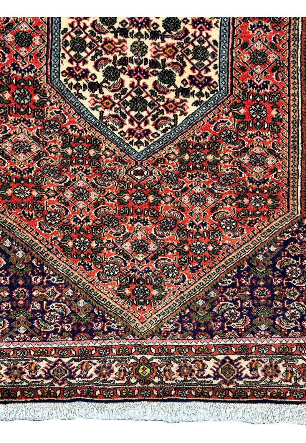 Close-up of the Persian Bijar Rug showing the complex interplay of colors and designs in the rug's central field and borders