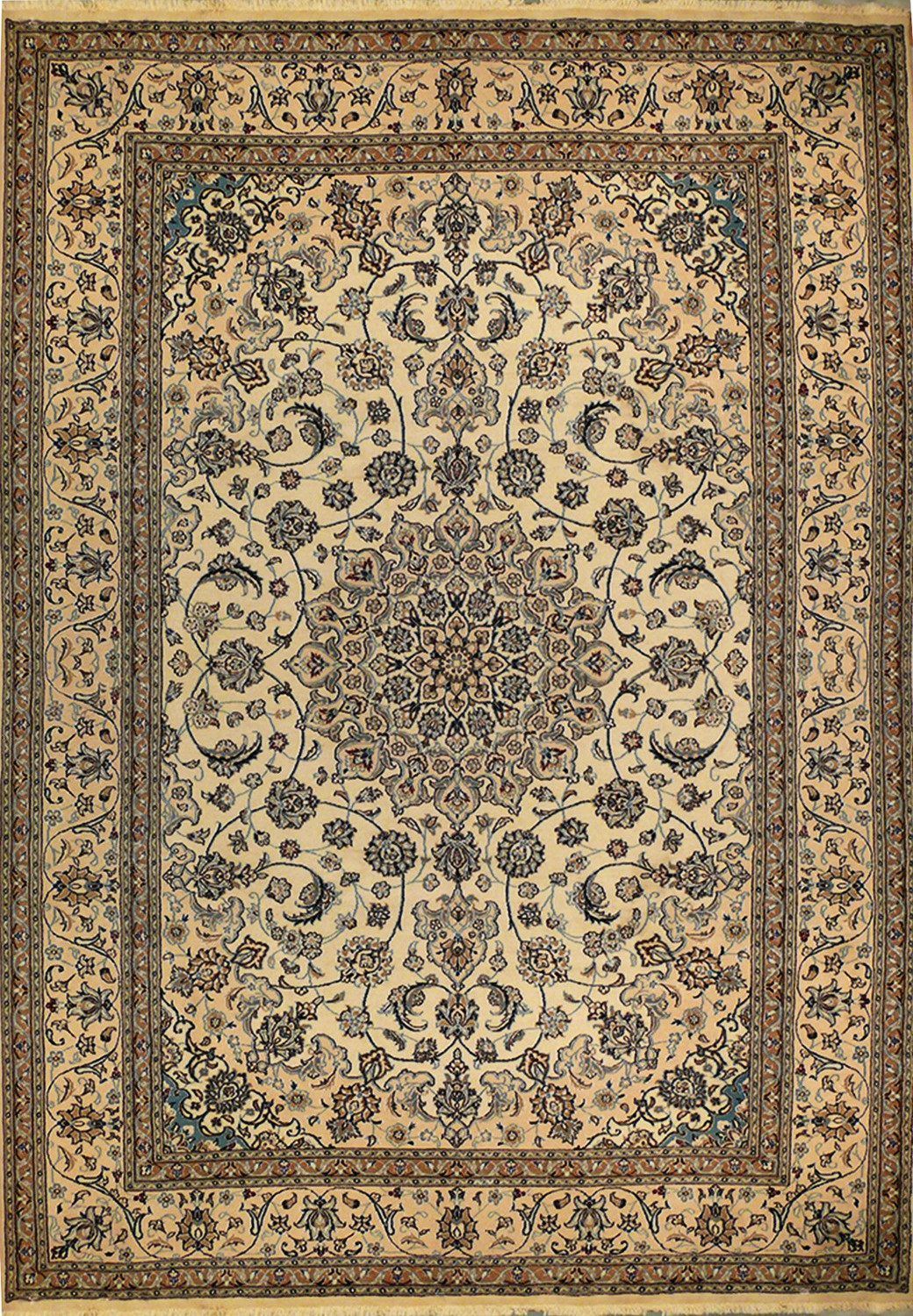 Full view of 8'2 x 11'5 Persian Nain rug with beige field and navy medallion Full view of 8'2 x 11'5 Persian Nain rug with beige field and navy medallion
