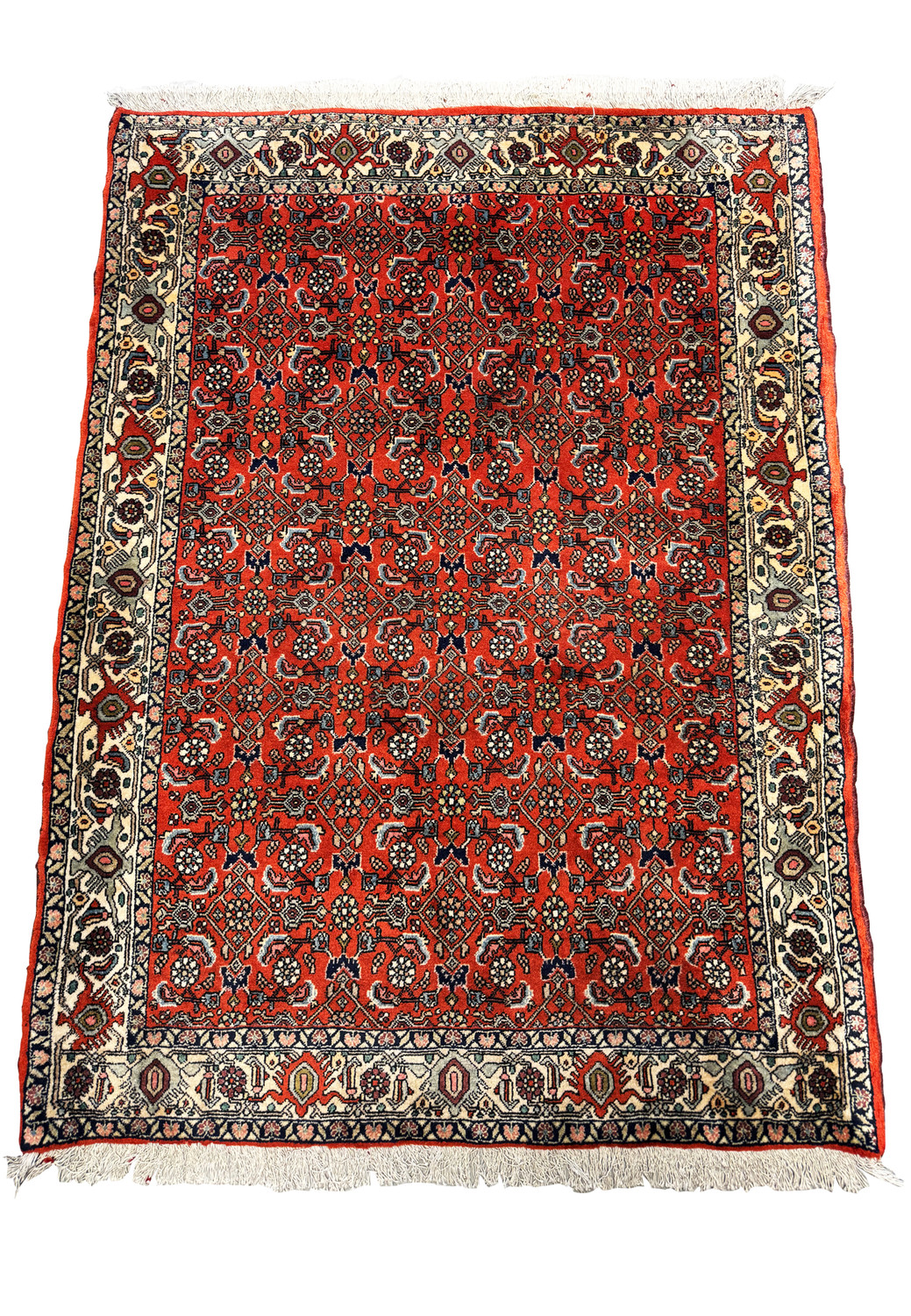 An overall view of a vintage Bijar rug, showcasing its intricate all-over design and vibrant red color.