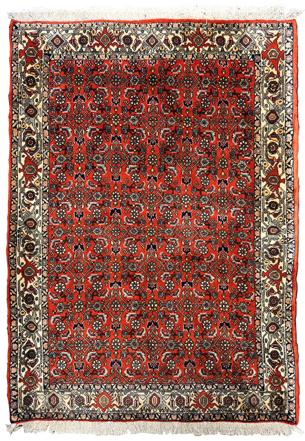 3'3" x 4'6" Vintage Persian Bijar Rug with a deep red field and dense geometric and floral patterns