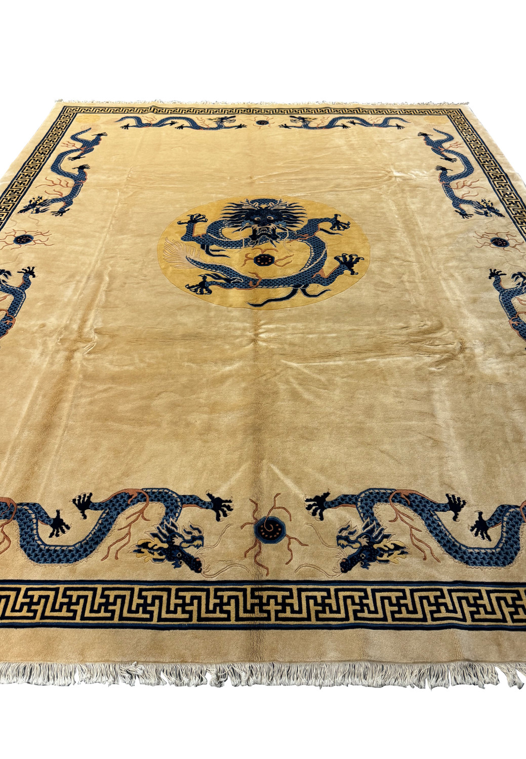 A close view of the dragon design and shimmering wool texture of the Chinese Beijing Dragon Rug