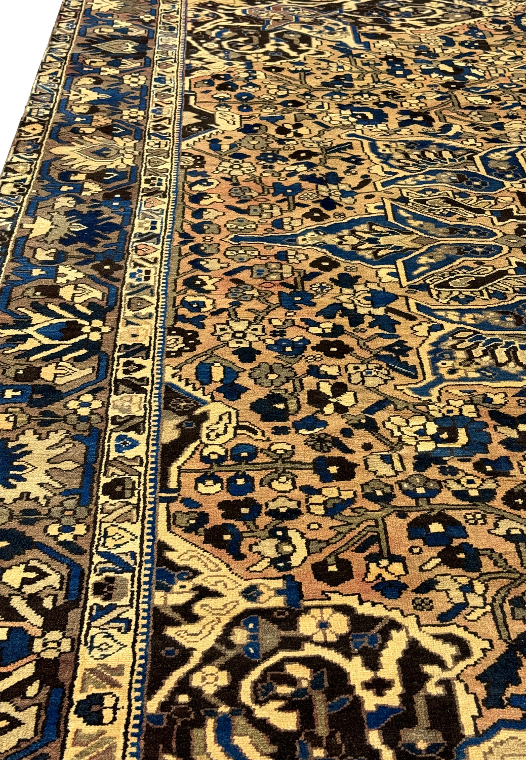 Close-up of the central medallion and surrounding patterns on a Vintage Bakhtiar Rug.