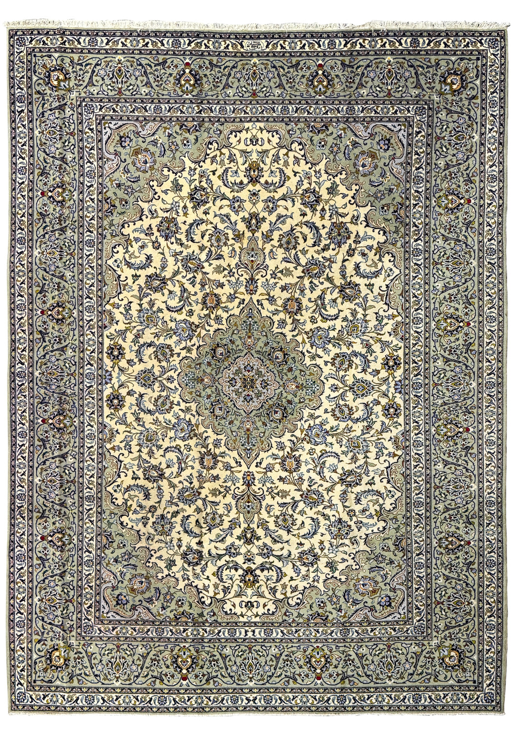 Top-down view of a 9x12 Persian Kashan rug featuring a central floral medallion in shades of blue, gold, and cream, with a densely patterned border