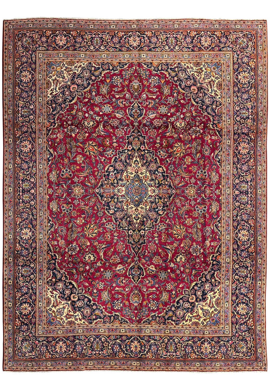 9'7 x 12'8 Ornate Persian Kashan rug with a deep burgundy field and an elaborate central medallion surrounded by intricate floral pattern