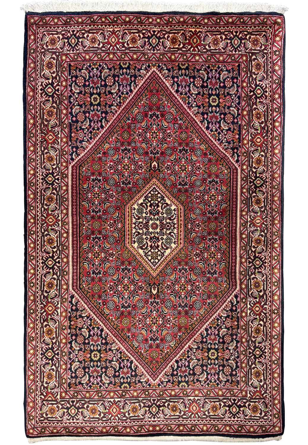 3x5 Persian Bidjar Rug with dominant burgundy field and navy central medallion, showcasing dense floral patterns and a traditional Herati border.