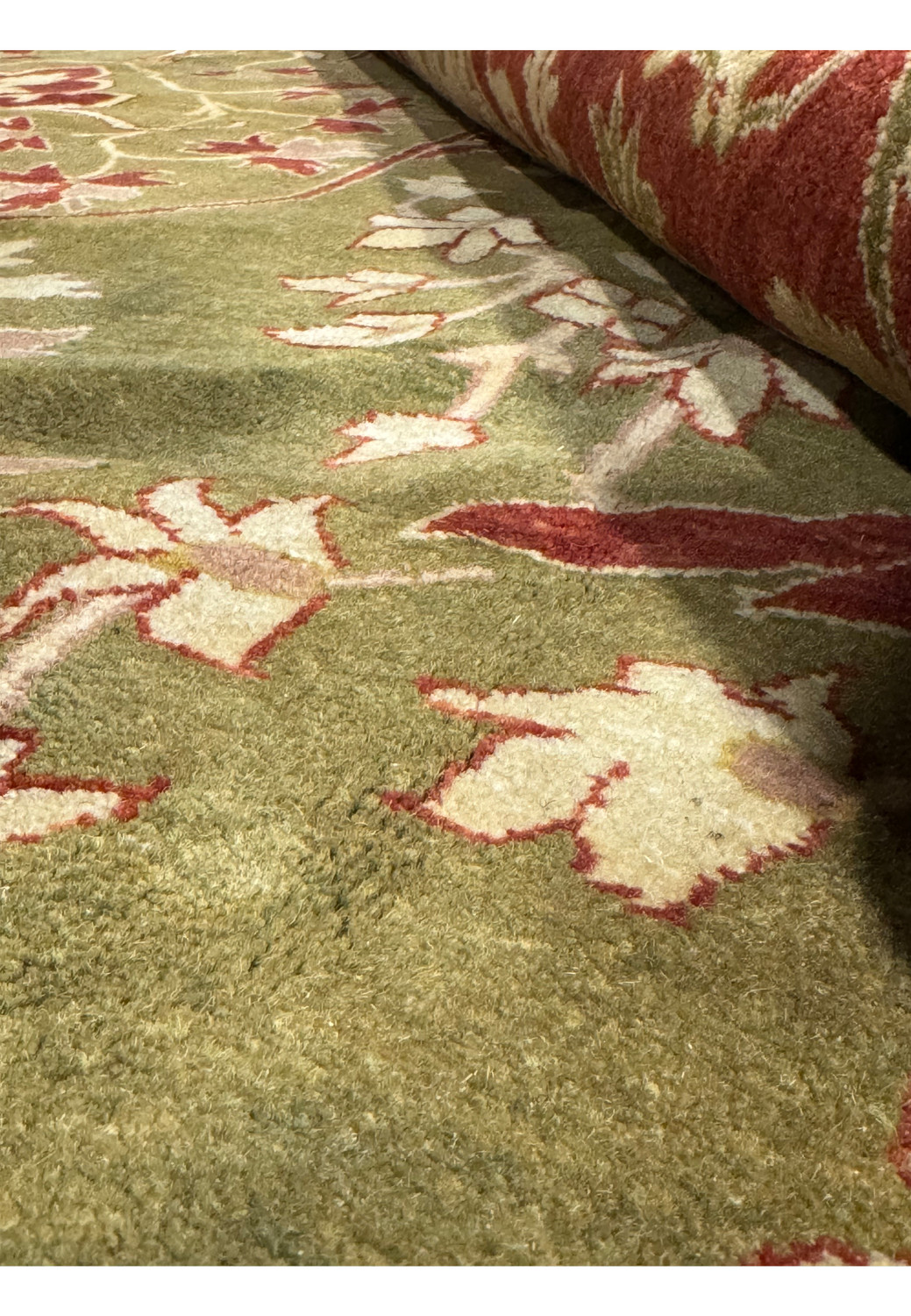 Detailed edge and corner view of a 10x15 Chobi Peshawar rug highlighting the precision of the pattern and color contrast