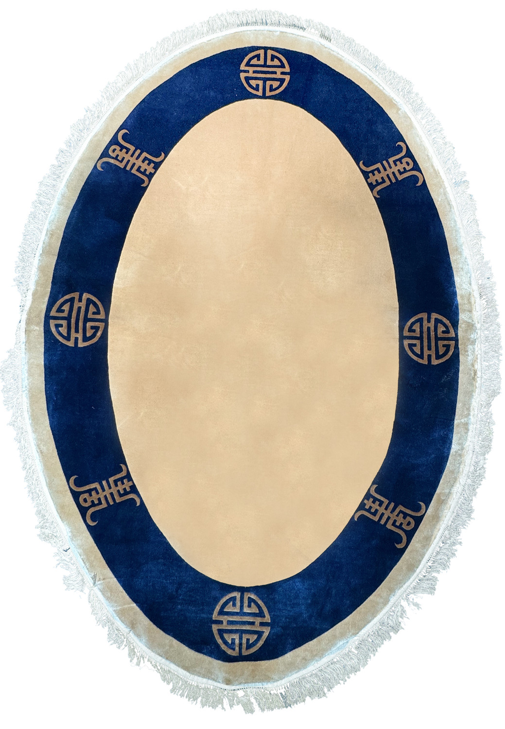Luxurious 4x6 oval Art Deco silk rug with traditional Asian longevity symbols in deep blue and beige