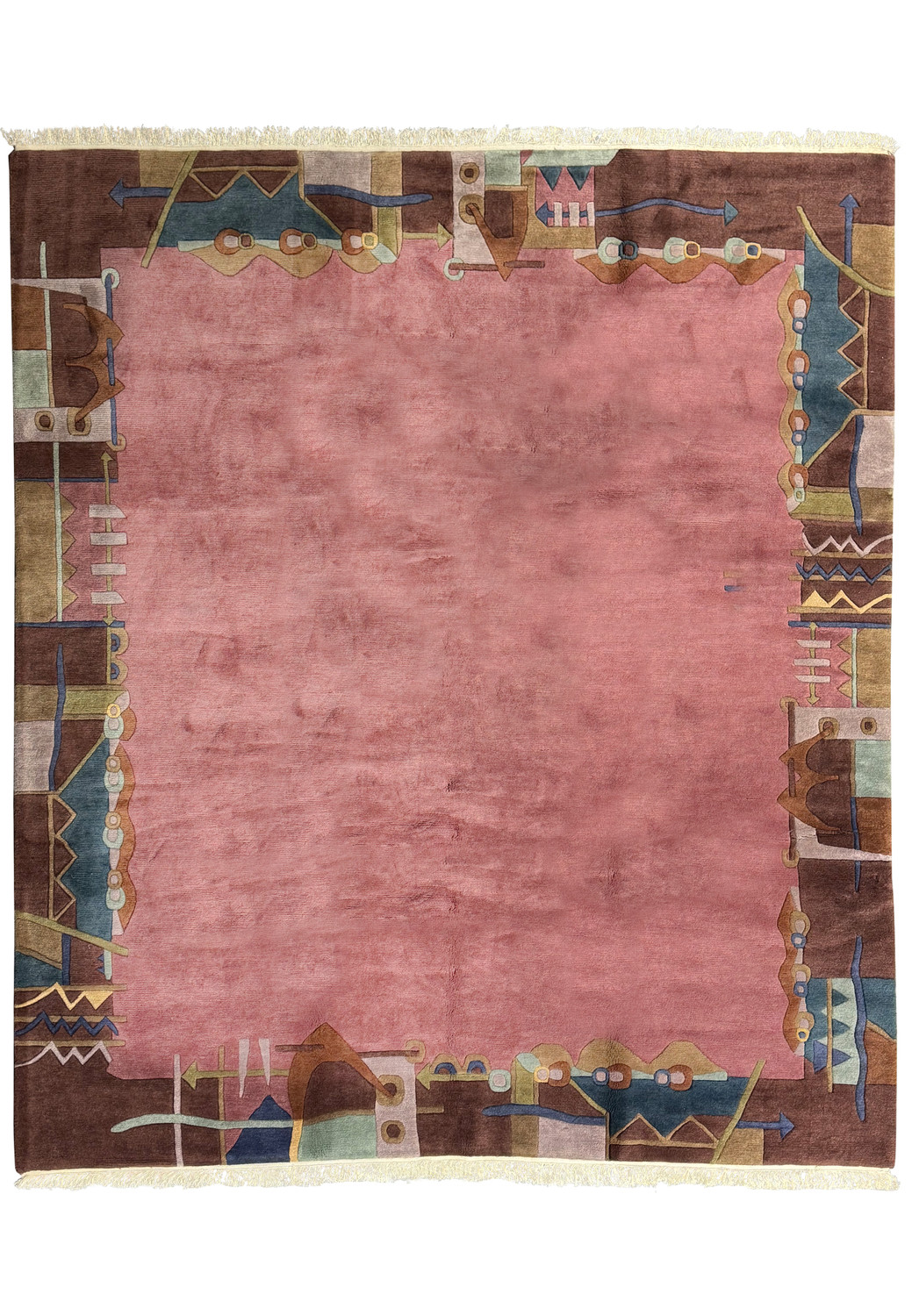 10x11'7 Dusty rose and earth-tone modern Tibet rug with abstract border design