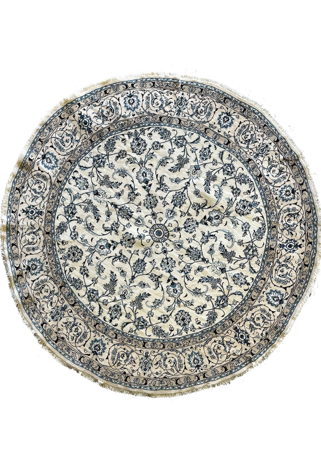 Elegant 9'8 x 9'8 Persian Nain round rug with ivory and navy blue motifs