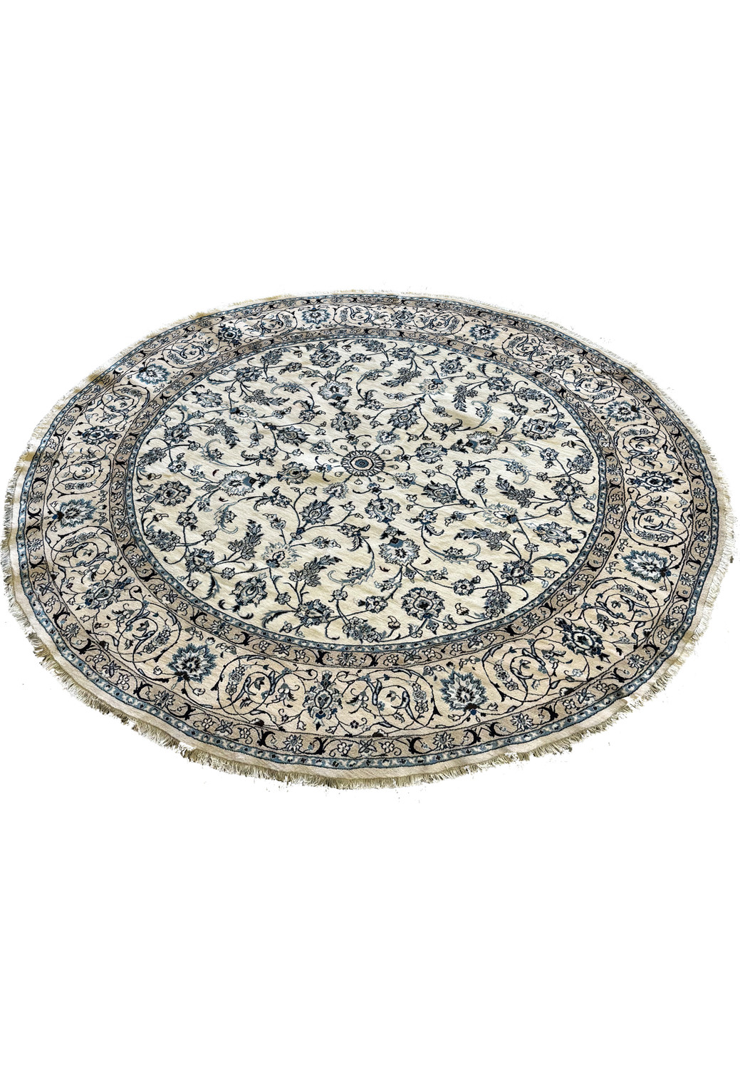 Luxurious hand-knotted Persian Nain round rug with silk accents