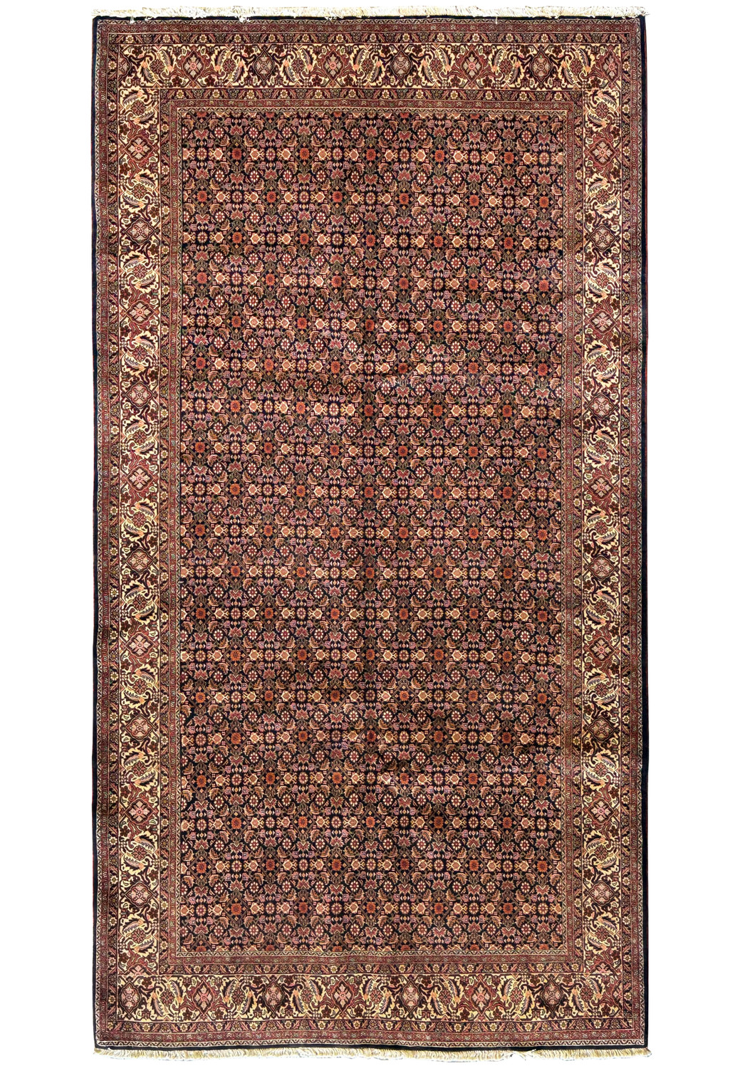 Full view of a 6'6" x 13' Persian Bijar Rug showcasing its symmetrical all-over floral pattern and rich color palette.