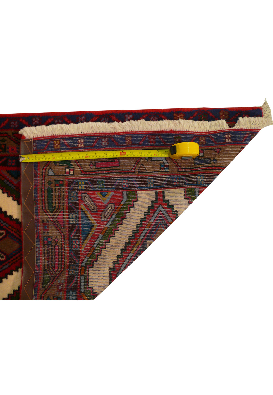 End view of Persian Hamedan Runner Rug, emphasizing the hand-knotted fringes and solid craftsmanship