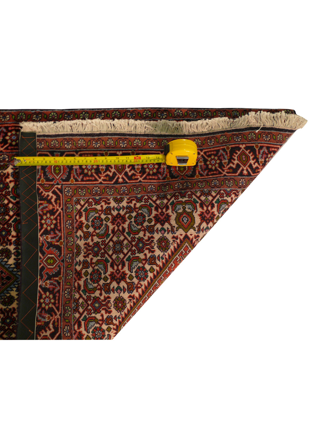 Persian Bijar Runner Rug corner fold-over showing the thickness and the reverse side weave quality