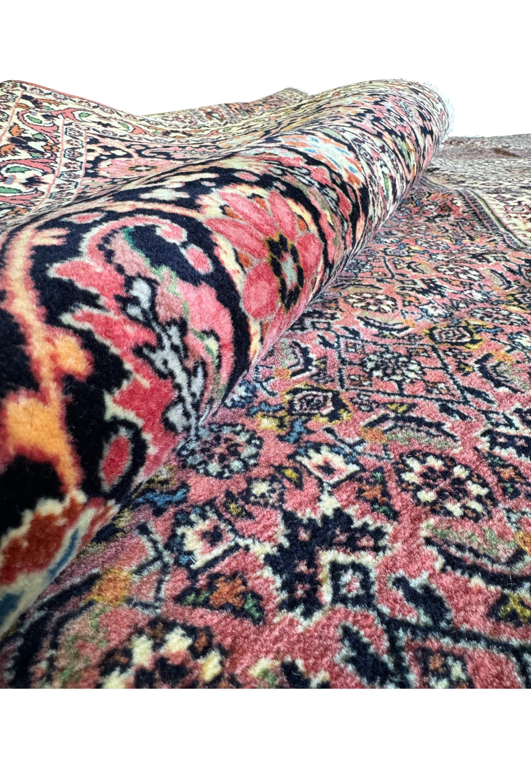 Detailed view of the fringe and border of a Bijar Persian rug, showing the fine fringe edges and the ornate border patterns. The border is composed of detailed motifs that include flower blossoms, leaves, and abstract designs, set against a rich, red background with accents of green, blue, and ivory.