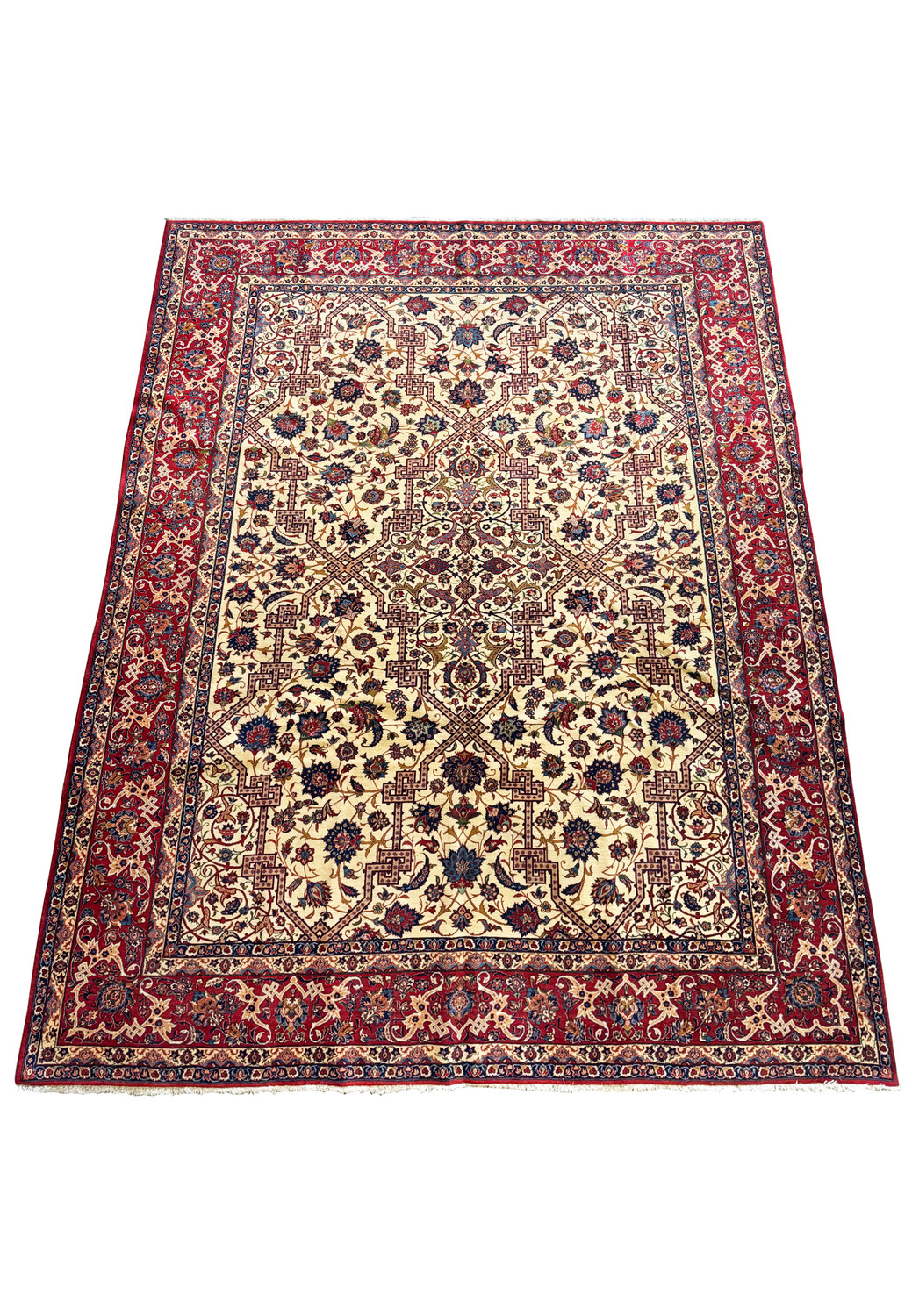 Complete rug display on a flat surface, showcasing the detailed floral and geometric designs and rich color scheme.
