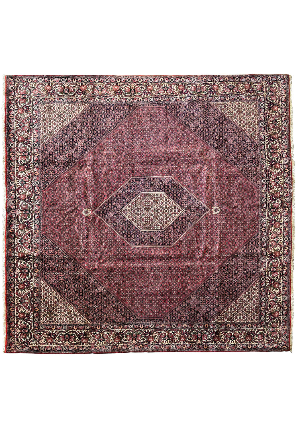 An expansive Persian Bijar square rug measuring 11'6x11'6, displaying a rich burgundy field with a large, central diamond medallion and intricately detailed geometric patterns.