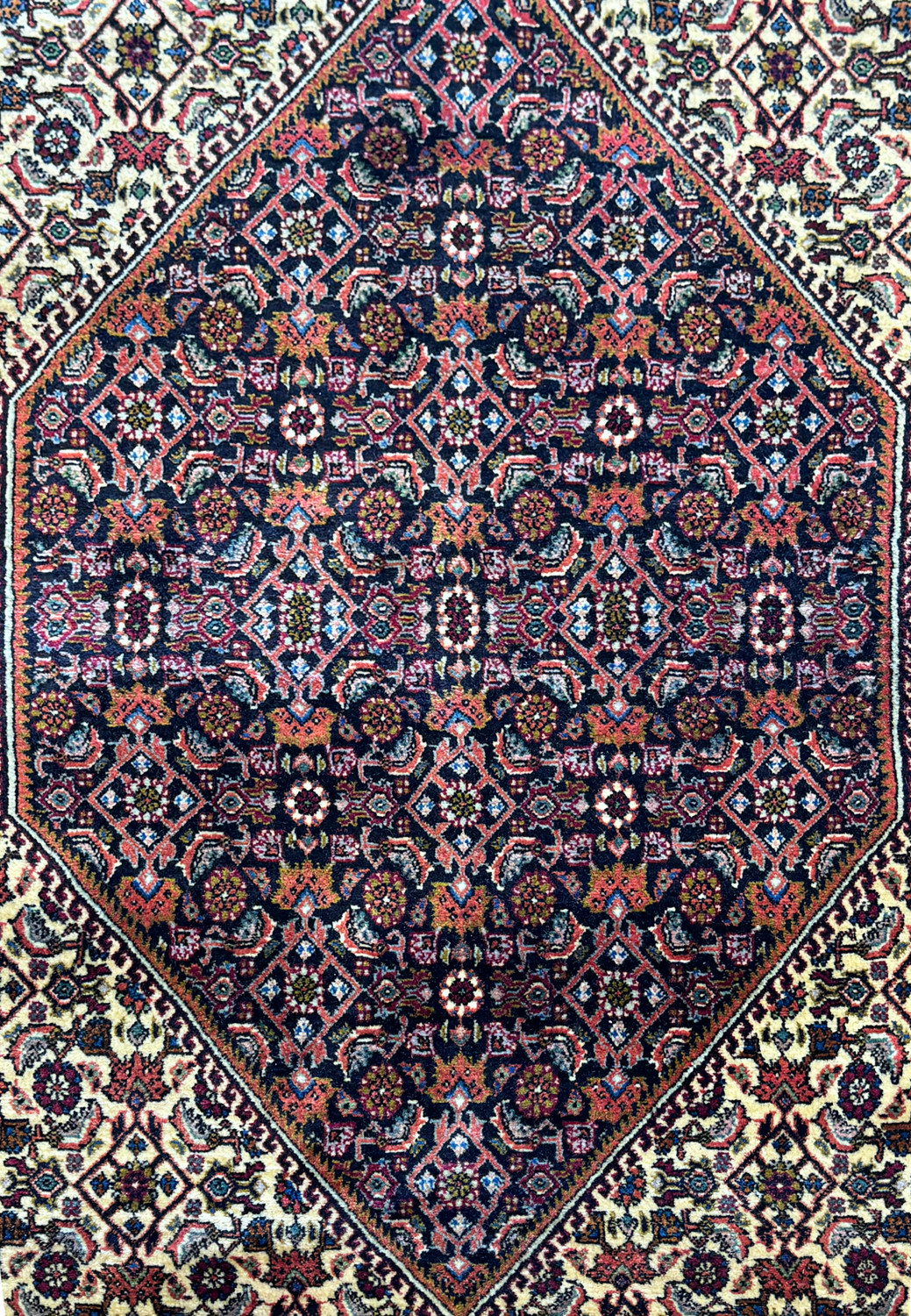 A perspective shot of the Persian Bijar rug, with the camera angle highlighting the rug’s texture and the rich, saturated colors of the detailed patterns, as the rug gently rolls over an edge
