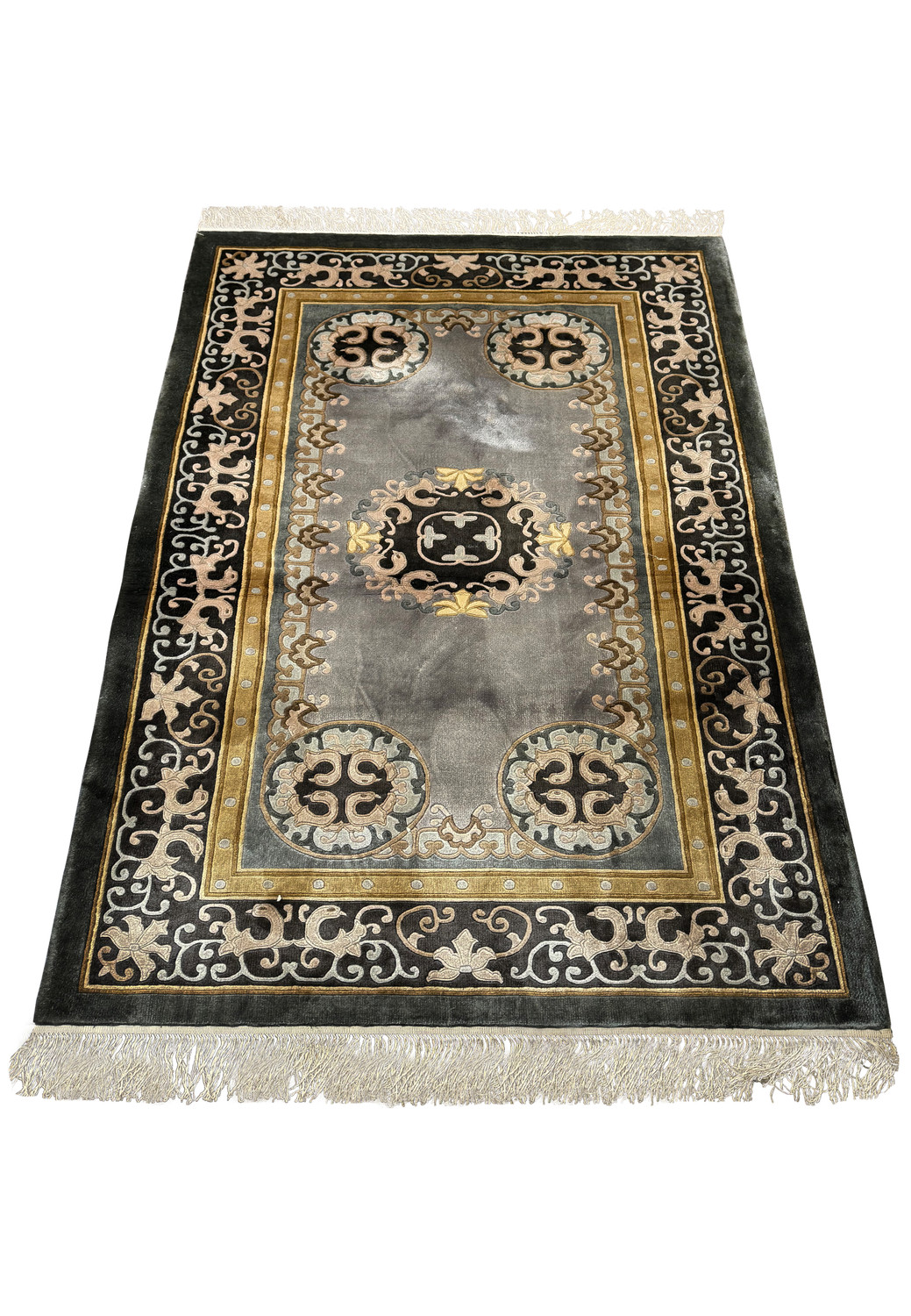 Full view of a 3' x 5' Art Deco rug featuring luxurious silk highlights and a deep black wool base