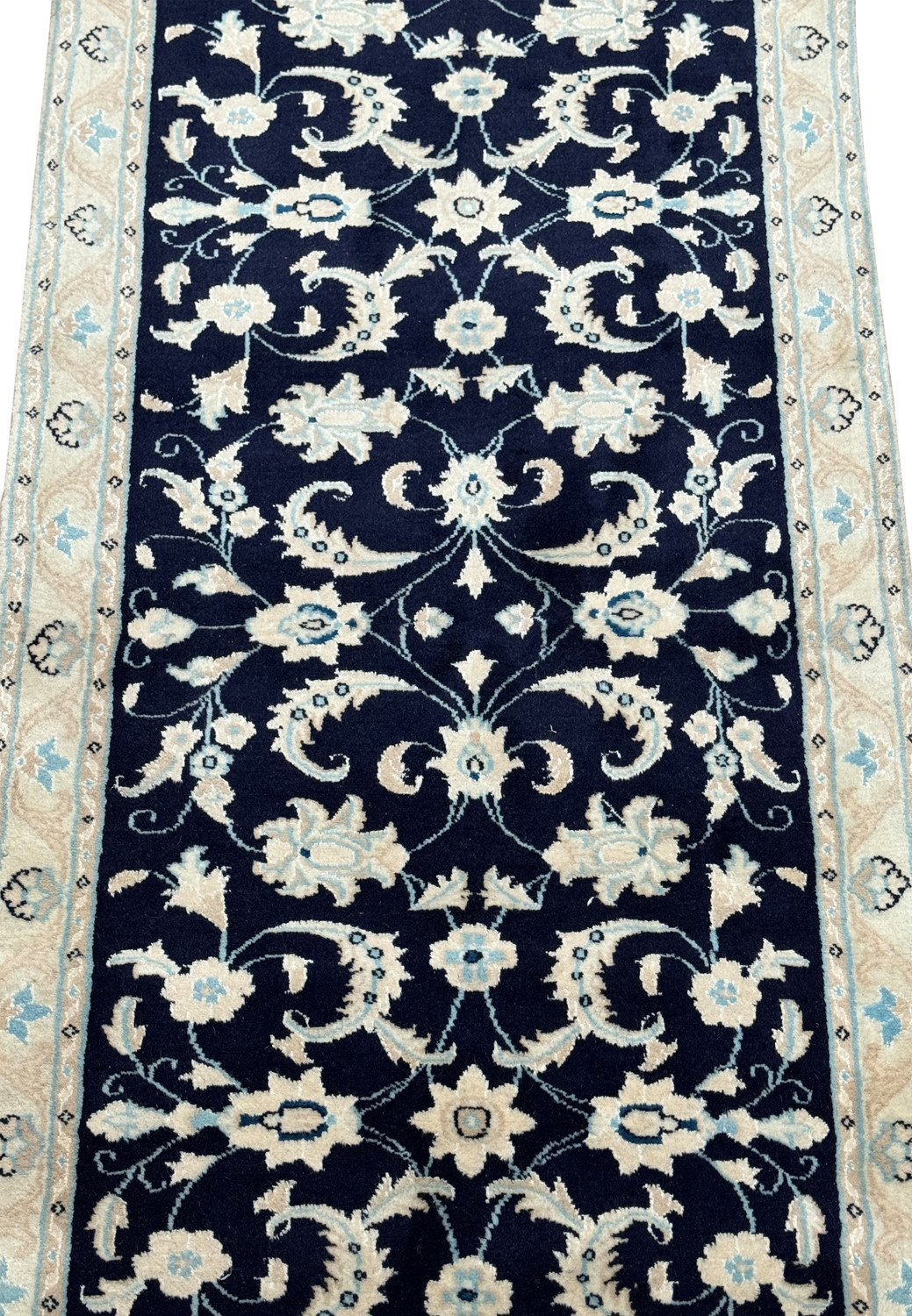 Close-up view of Persian Nain Runner showcasing the detailed floral and vine patterns on navy blue background