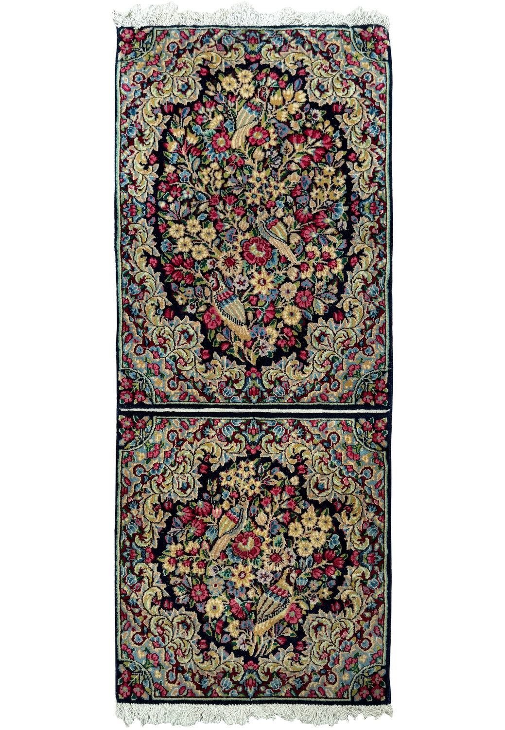 Full view of a 1'9 x 4'2 Persian Kerman rug showcasing the unique design of two rugs woven together.