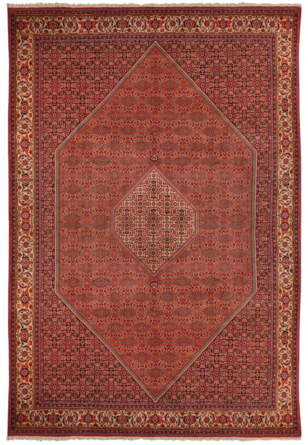 An 8'3" x 11'5" Persian Bijar Iron Rug laid out flat, displaying an array of intricate floral patterns and dense knotting in rich reds, blues, and creams, with a prominent central diamond medallion and wide, decorative borders.