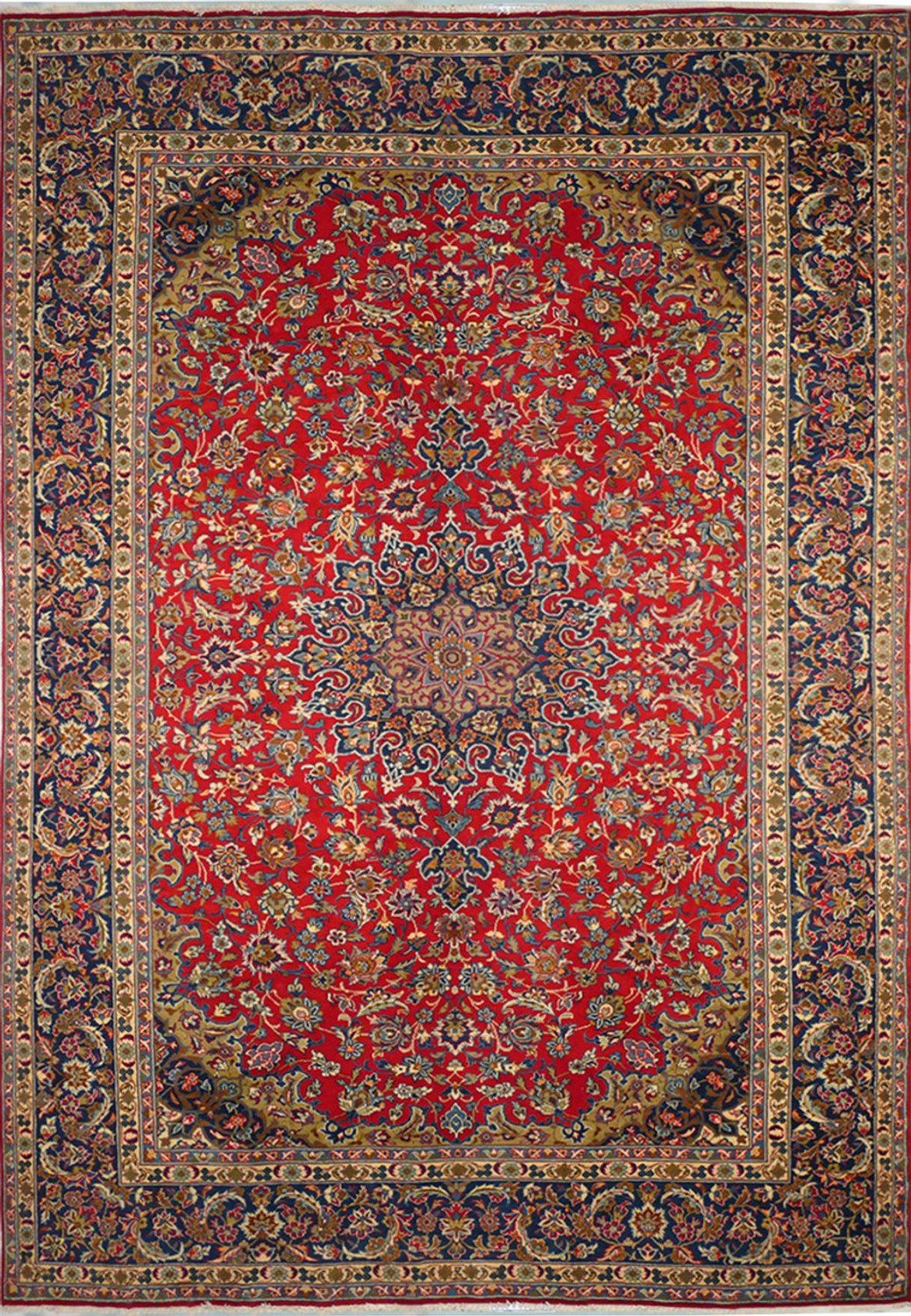 A top-down view of a 9'8 x 13'1 Persian Isfahan rug, highlighting its lush red field and dense, elaborate central medallion, surrounded by layers of detailed floral motifs and an ornate primary border with intricate guard borders