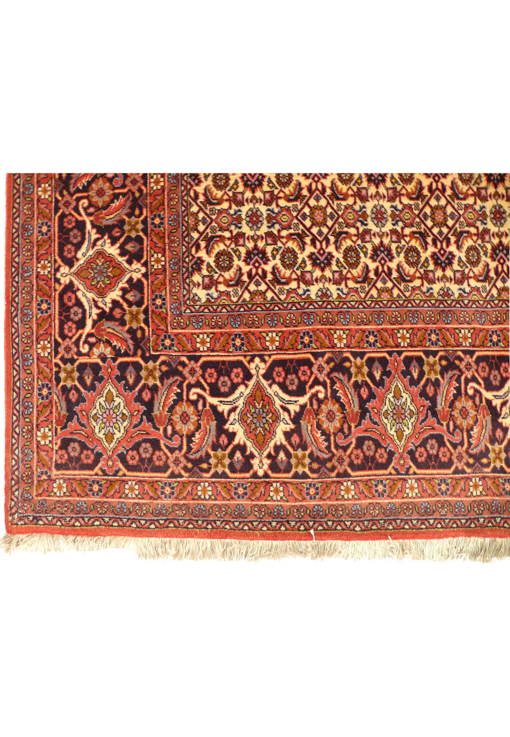 The underside of the Persian Bijar Iron Rug, showing the sturdy construction and the reverse pattern visible through the tight weave, indicative of the rug's quality.