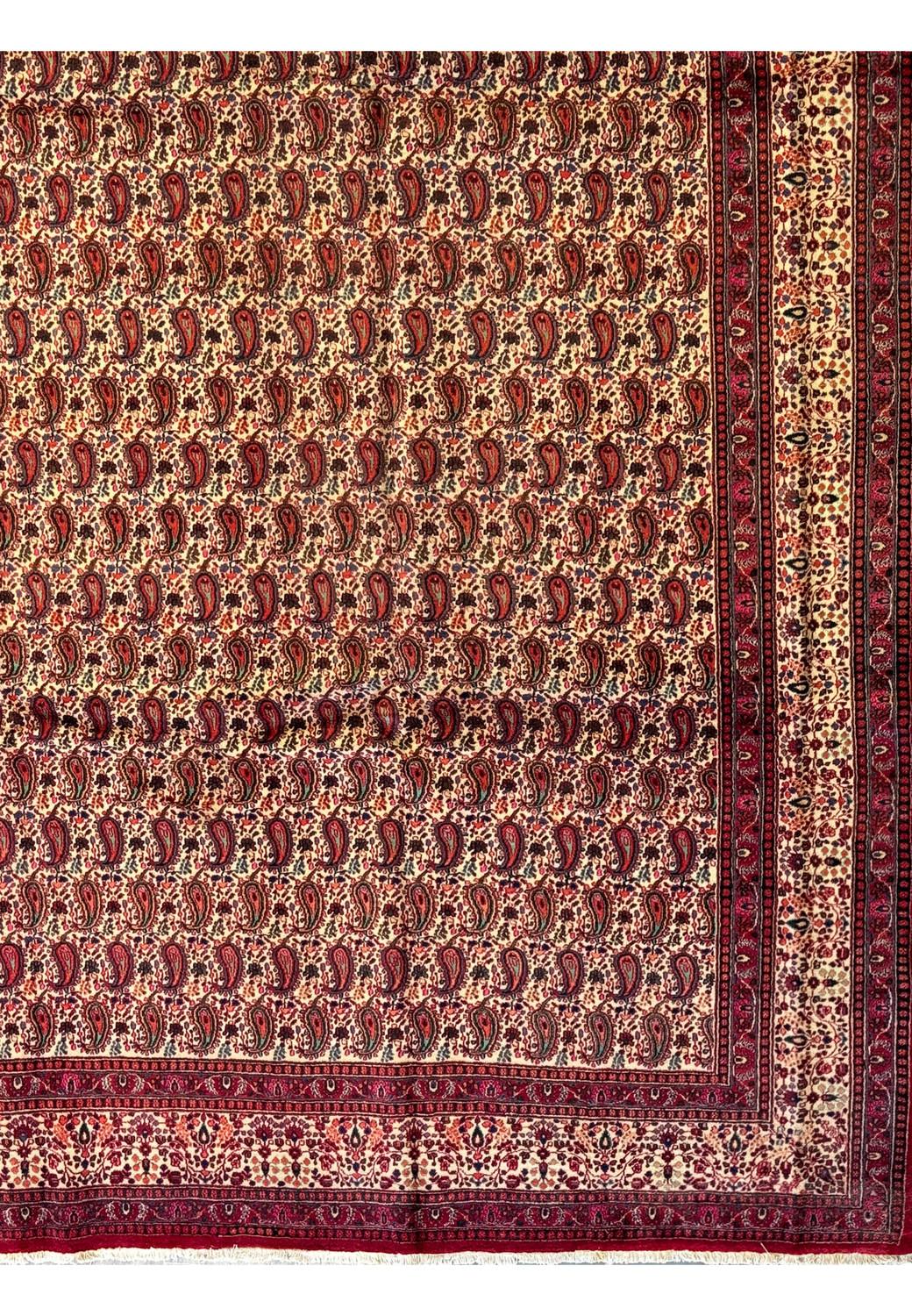 Angled full view of a Persian Moud Rug, emphasizing the grandeur of the elaborate designs and the handwoven quality of the woolen pile.