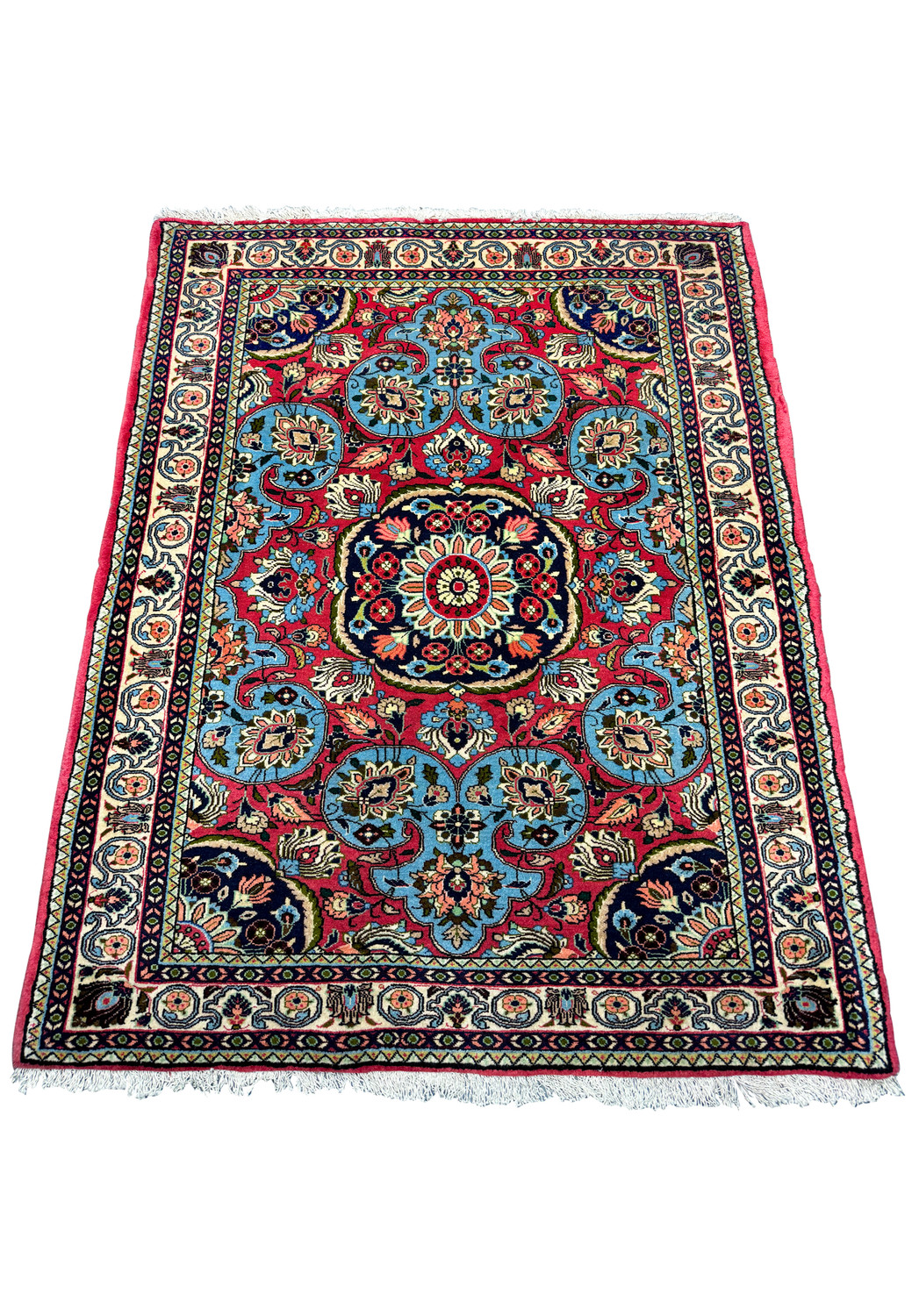 Angled full view of a handcrafted 3'7" x 5'2" Persian Bijar rug displaying vibrant medallion and floral designs with a diverse color palette, highlighting the intricate artistry of Persian weavers