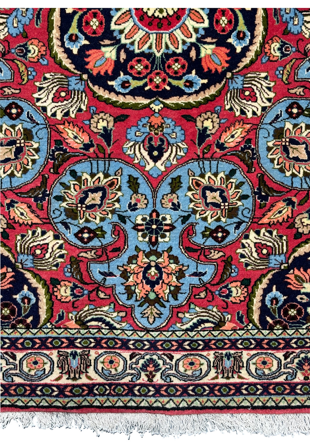 Detailed image of the Persian Bijar rug's pattern intricacy with emphasis on floral motifs and color contrasts, indicative of the luxurious and durable nature of these handmade wool rugs.