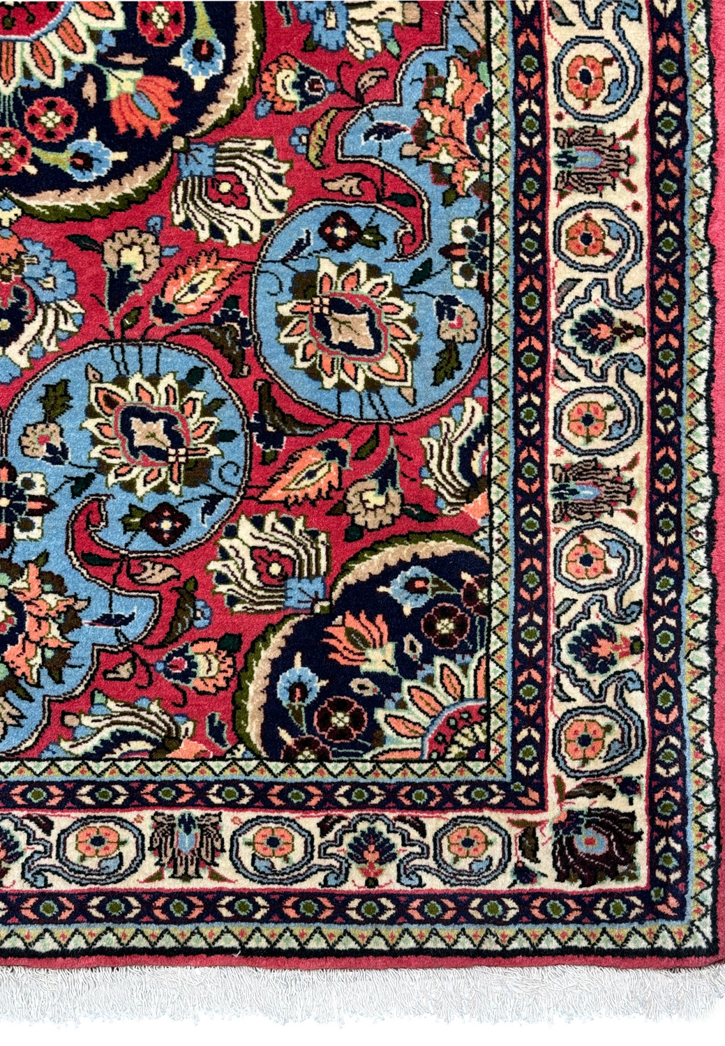 Close-up of a Persian Bijar rug's edge and fringe detailing the precision of the weave and the high-quality finish, characteristic of authentic Persian wool rug