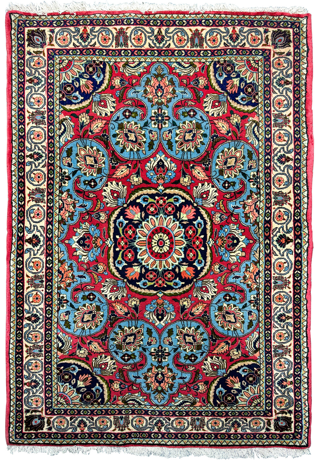Full view of a Persian Bijar rug showcasing rich red and navy blue colors with detailed floral and medallion patterns on a 3'7" x 5'2" size, perfect for collectors of handmade wool rugs
