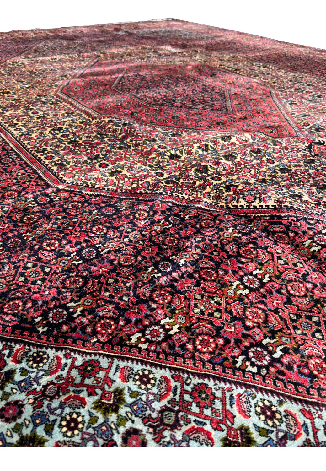 Side view emphasizing the floral motifs and geometric patterns of the 9x12 BijarPersian Rug.