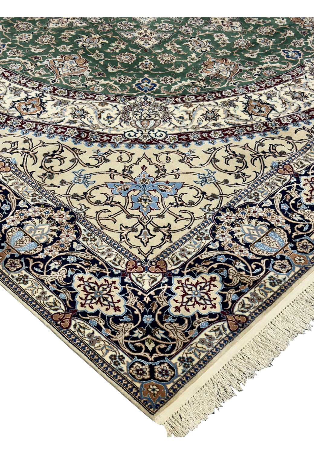 Side view of the 9 x 9 Nain 6LA Persian Rug displaying its thickness and craftsmanship