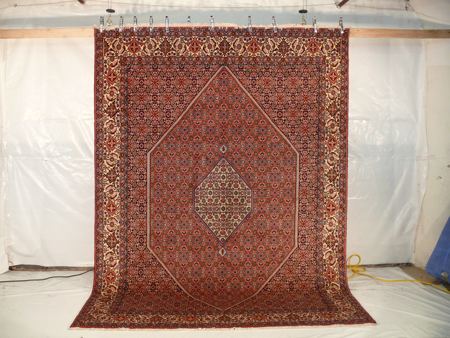Persian Bijar rug 8x11 hung vertically to show scale, symmetry, and sharp detail under studio lighting