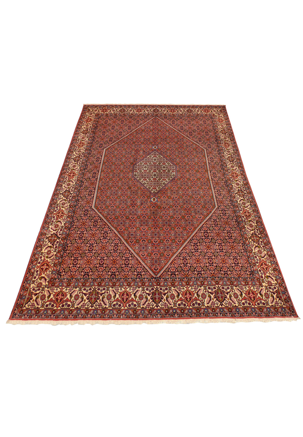 Angled shot of Persian Bijar rug displaying texture, knot density, and rich red and navy color palette