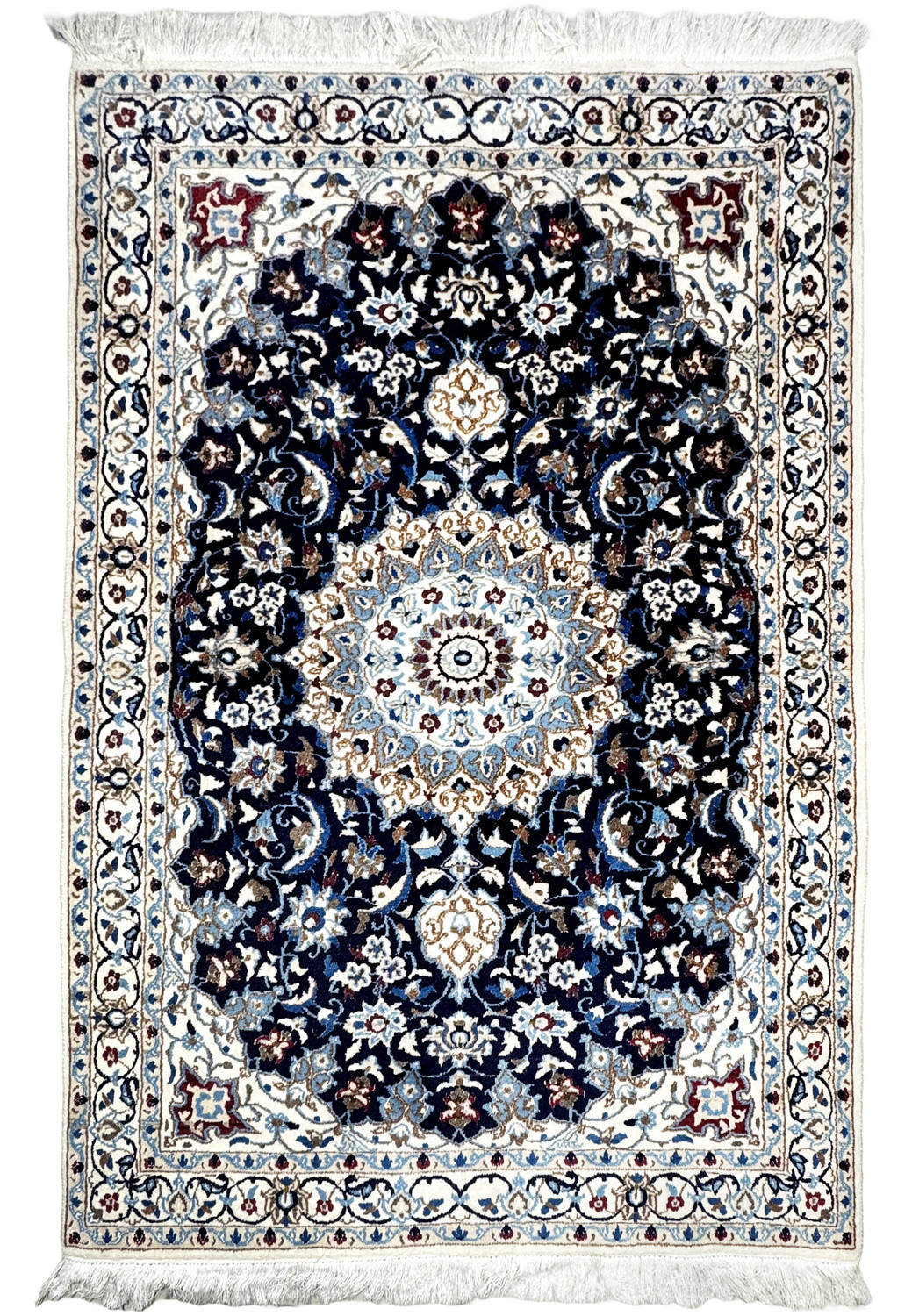 Full view of 3'9 x 5'8 Persian Nain rug with navy blue background and ivory floral medallion