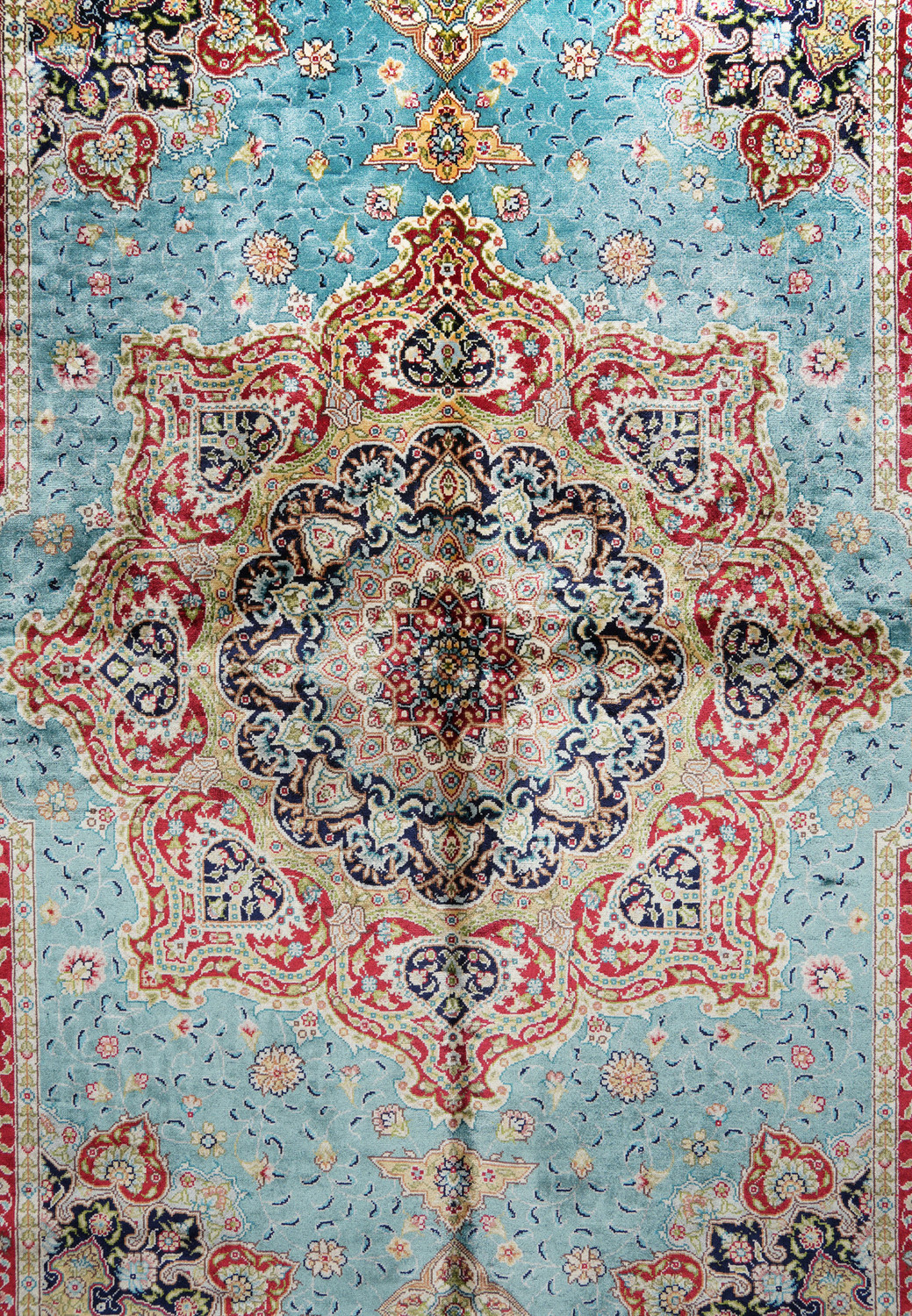 Intricate silk medallion design on vintage 6x9 Chinese oriental rug, signed Kurosh.