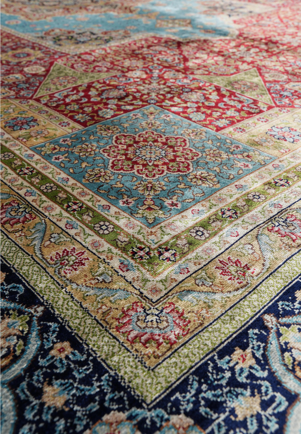 Hand-knotted silk fringe and edge of vintage Chinese oriental rug with Kurosh signature.