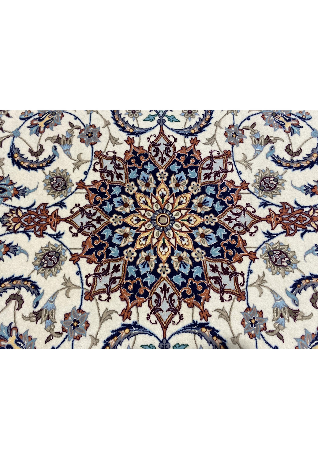 Persian Isfahan runner medallion with intricate starburst, floral motifs, and ivory background Persian Isfahan runner medallion with intricate starburst, floral motifs, and ivory background