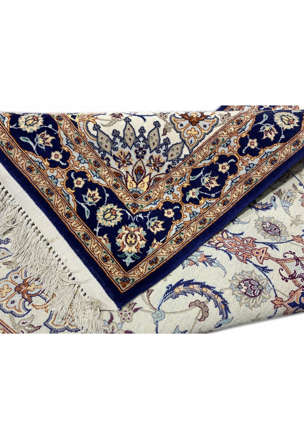 Persian Isfahan wool and silk runner border with navy floral motifs, ivory field, and intricate handwoven details. Persian Isfahan wool and silk runner border with navy floral motifs, ivory field, and intricate handwoven details.