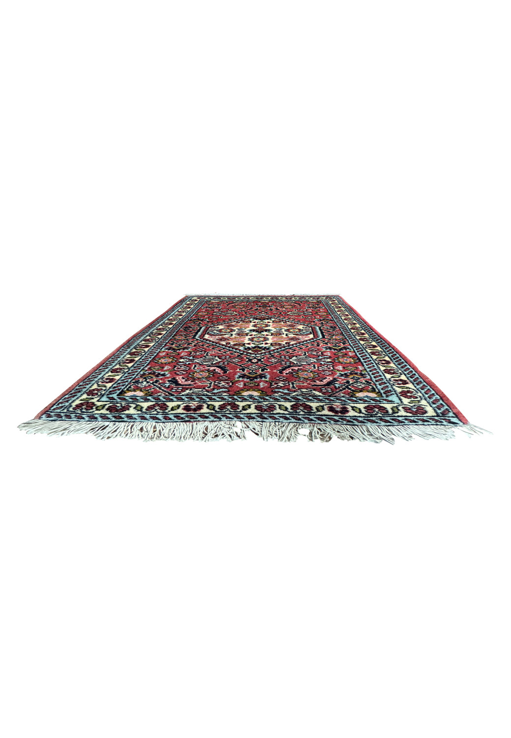 Small Bijar Poshti Persian rug 1'6 x 2'2 laid flat showing central ivory medallion and red background with floral designs.