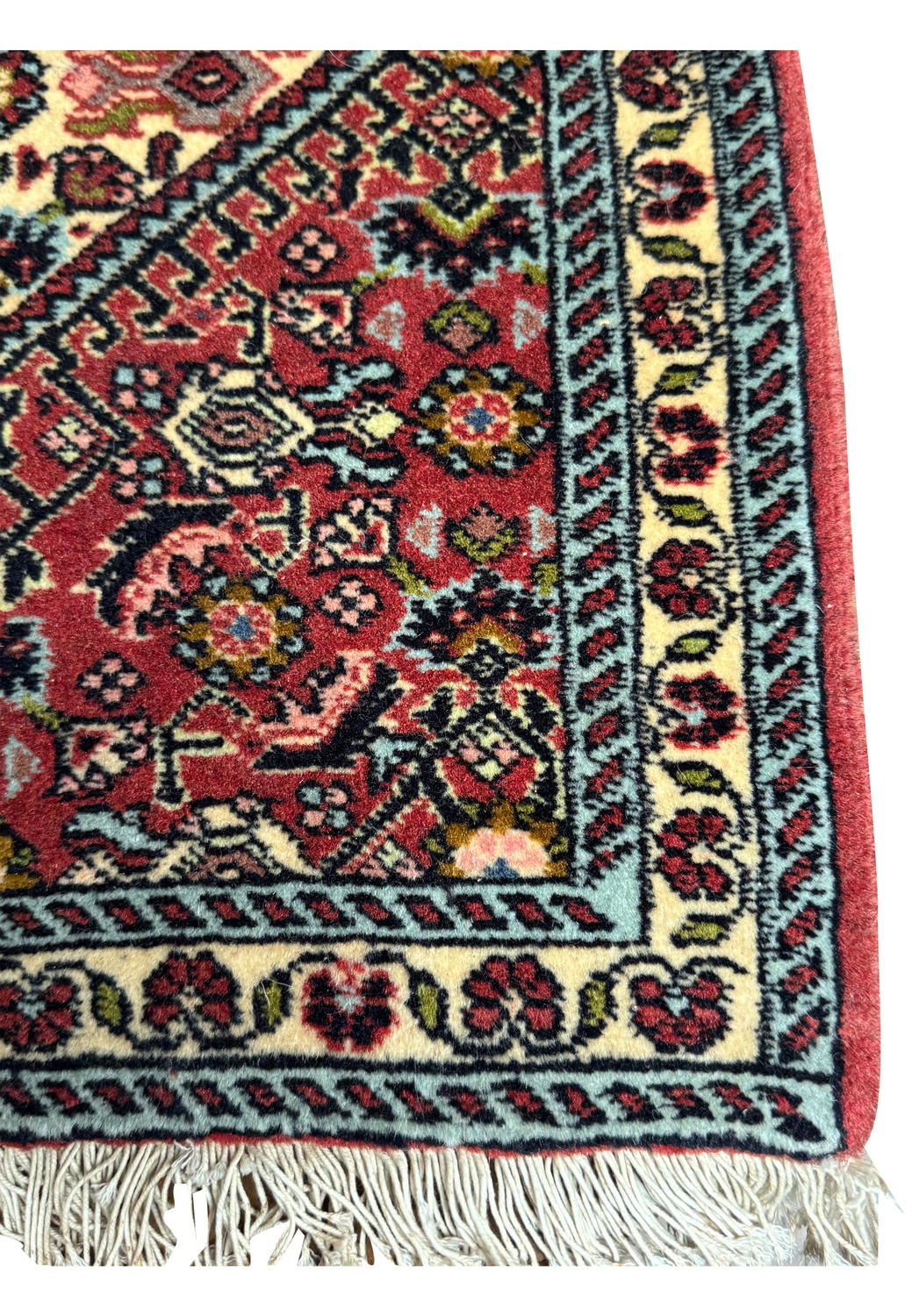Detailed border of Bijar Poshti Persian rug showing ivory band with floral pattern framed by light blue guard borders.