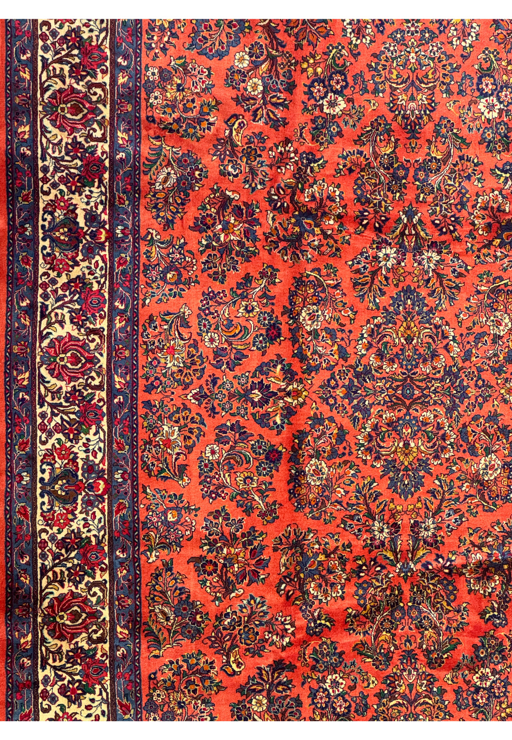 Side angle of Persian Sarough rug with vivid coral red field, dense floral sprays, navy borders, and hand-knotted Persian craftsmanship.