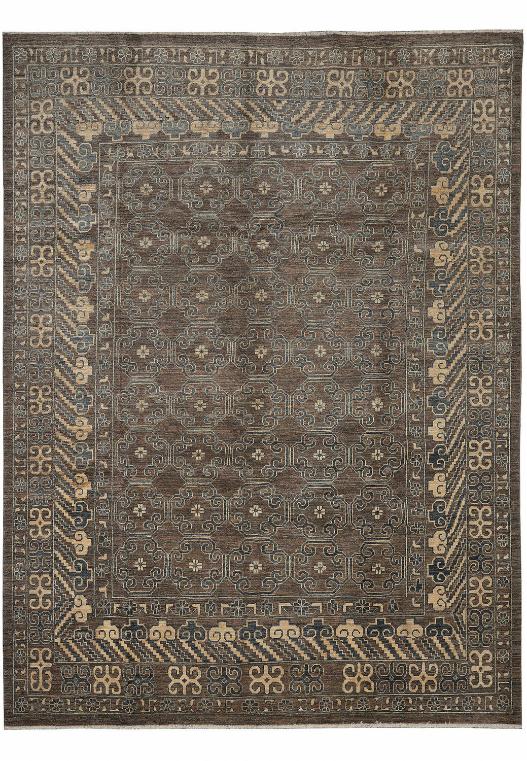 9x12 Zigler Transitional Rug with earth brown and grey tones, beige highlights, hand-knotted wool, geometric all-over pattern.