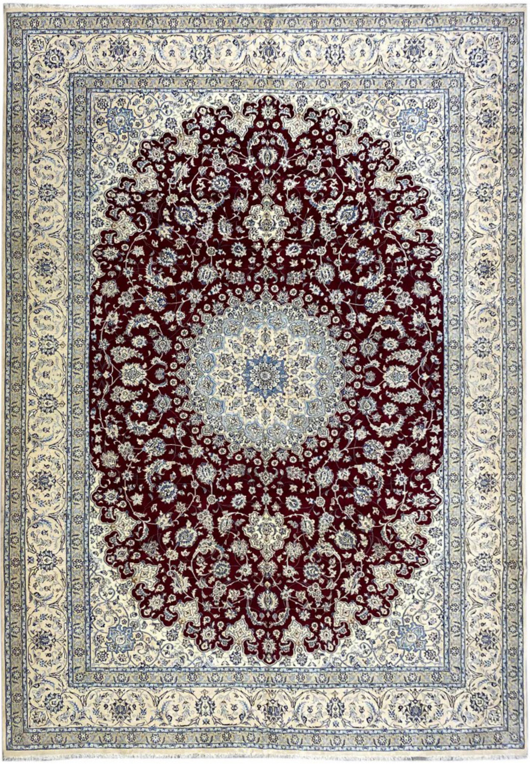 2'9 x 18'8 Red Persian Nain 9 LAA wool and silk rug with ivory borders and central medallion