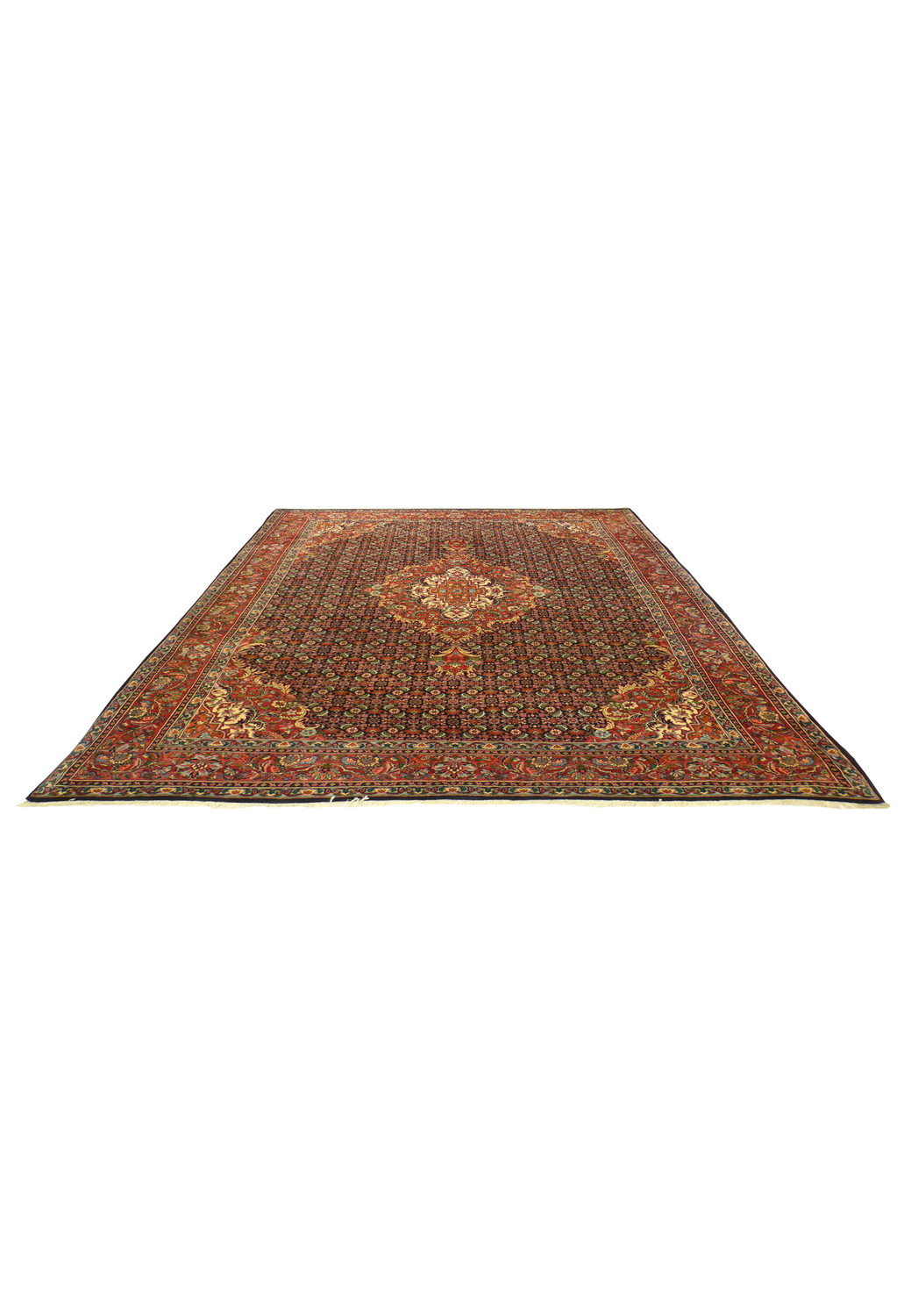 Angled view of Persian Bijar rug highlighting medallion and floral lattice pattern
