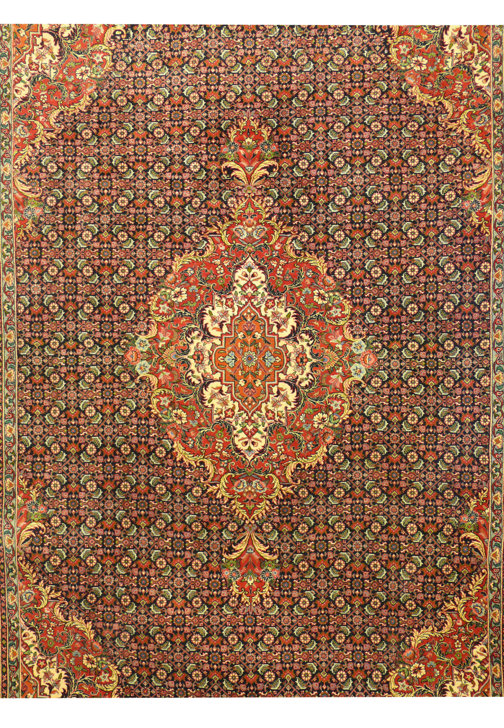 Midfield detail showing floral lattice in navy, pink, coral, and green