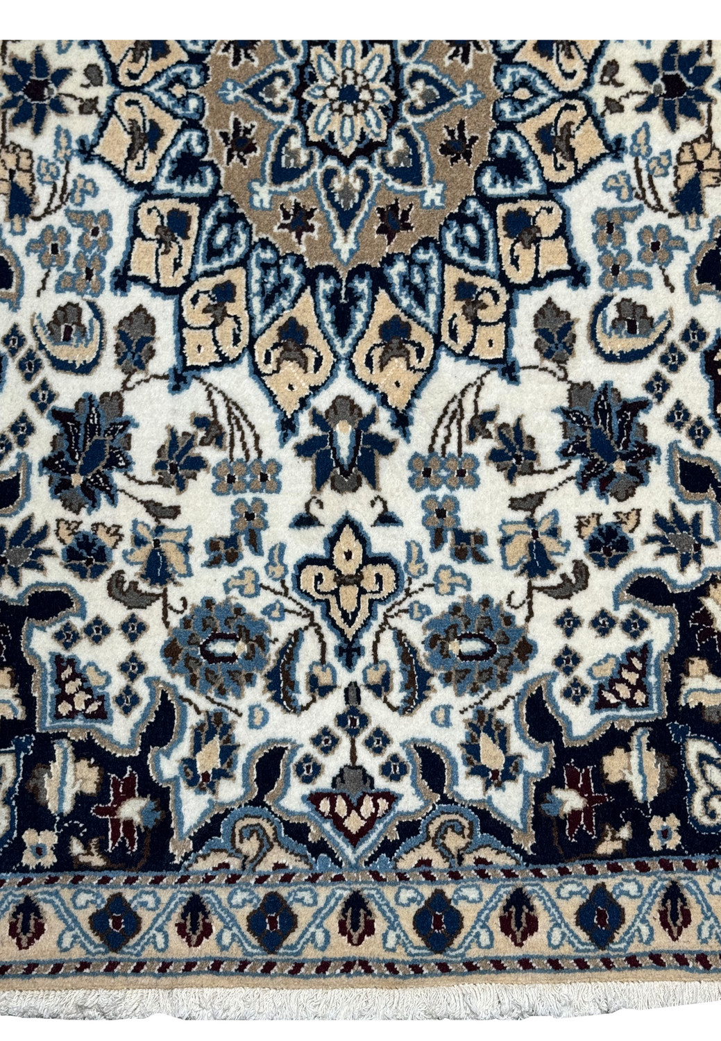 Lower edge detail of 2'9 x 4'10" Ivory Nain Persian Rug with border blossoms.