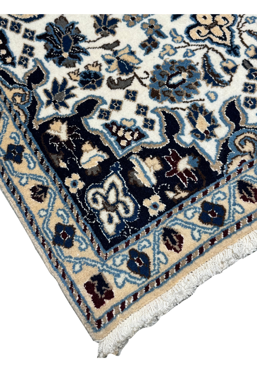 Border close-up of 2'9 x 4'10" Ivory Nain Persian Rug with scrolling navy vine design.